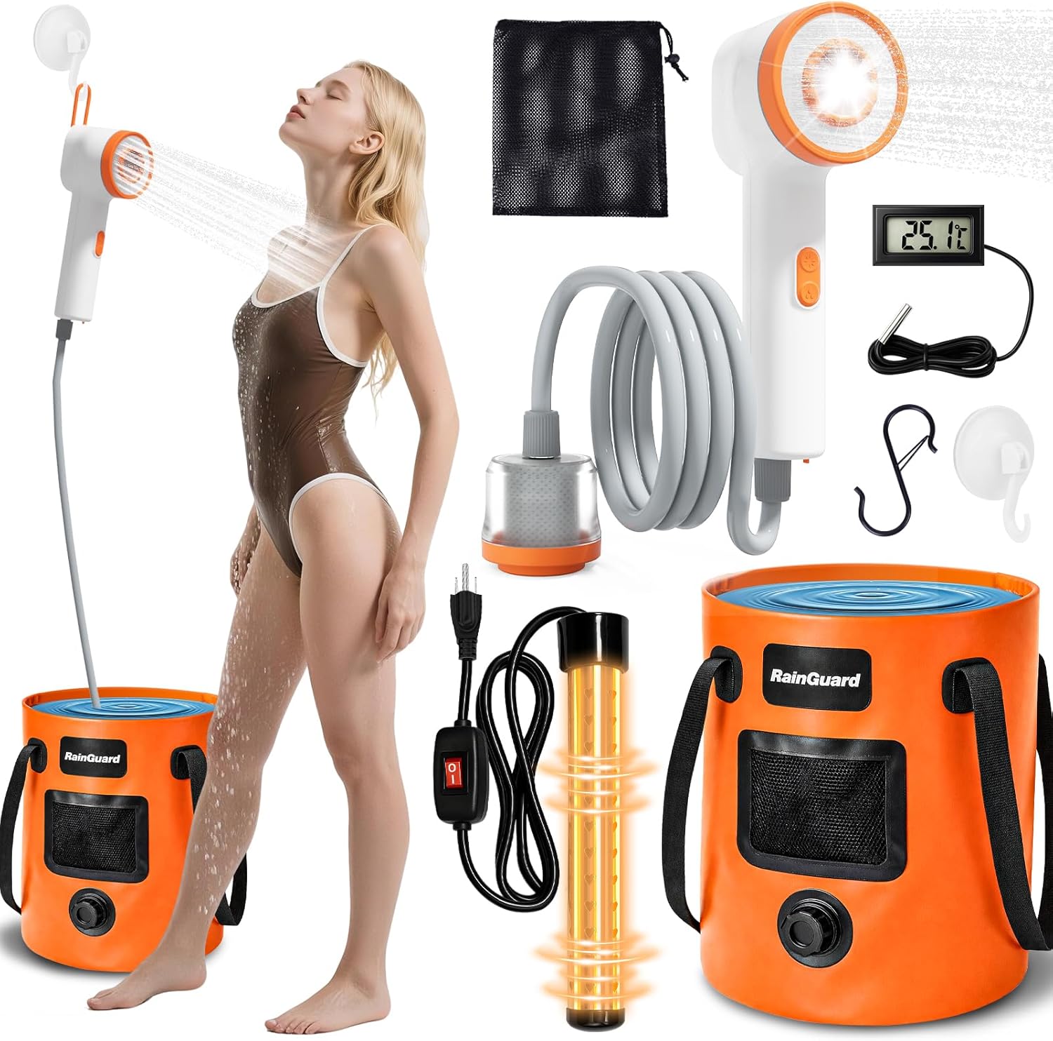 Portable Camping Shower, Shower Head with LED Light, Camping Shower Pump with Carbon Purification, Foldable Bucket, Summer Beach, Outdoor Camp Showering for Hiking, Pet Bath, RV Car Wash, Water Plant