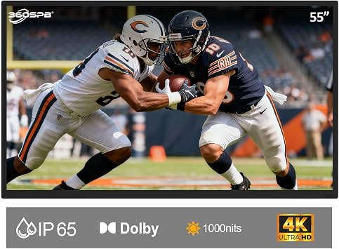 55" Outdoor TV, 4K Ultra HD Outside TV, 1000nits Sunlight Outdoor TVs, IP65 Weatherproof TV, Voice Control, Screen Mirroring, Compatible with Dolby, Family Patios & Terraces, Local News, Sports