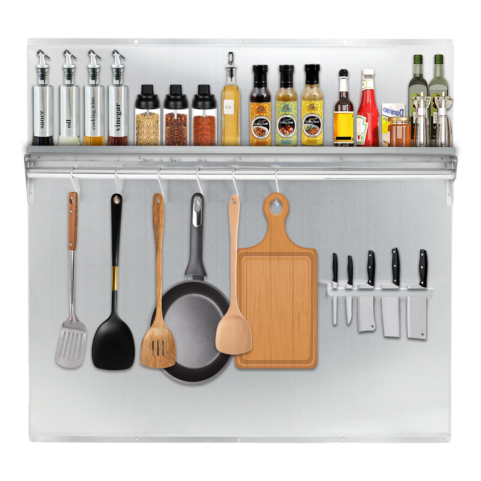 24"x30" Stainless Steel Range Backsplash for Stove Hood, Wall Mount Panel with Storage Shelf & Knife Rack, Commercial Grade, Pre-Drilled Holes for Easy Installation & Cleaning - 1