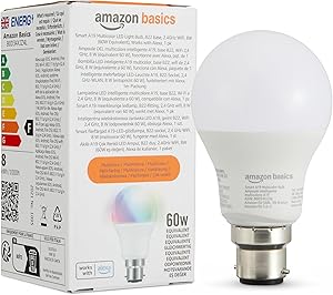 Amazon Basics Smart Multicolor LED Light Bulb, B22 Base, 8W (60W Equivalent), Works with Alexa Only, 1 Pack