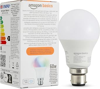 Amazon Basics Smart Multicolor LED Light Bulb, B22 Base, 8W 60W Equivalent, Works with Alexa Only, 1 Pack [Energy Class F]