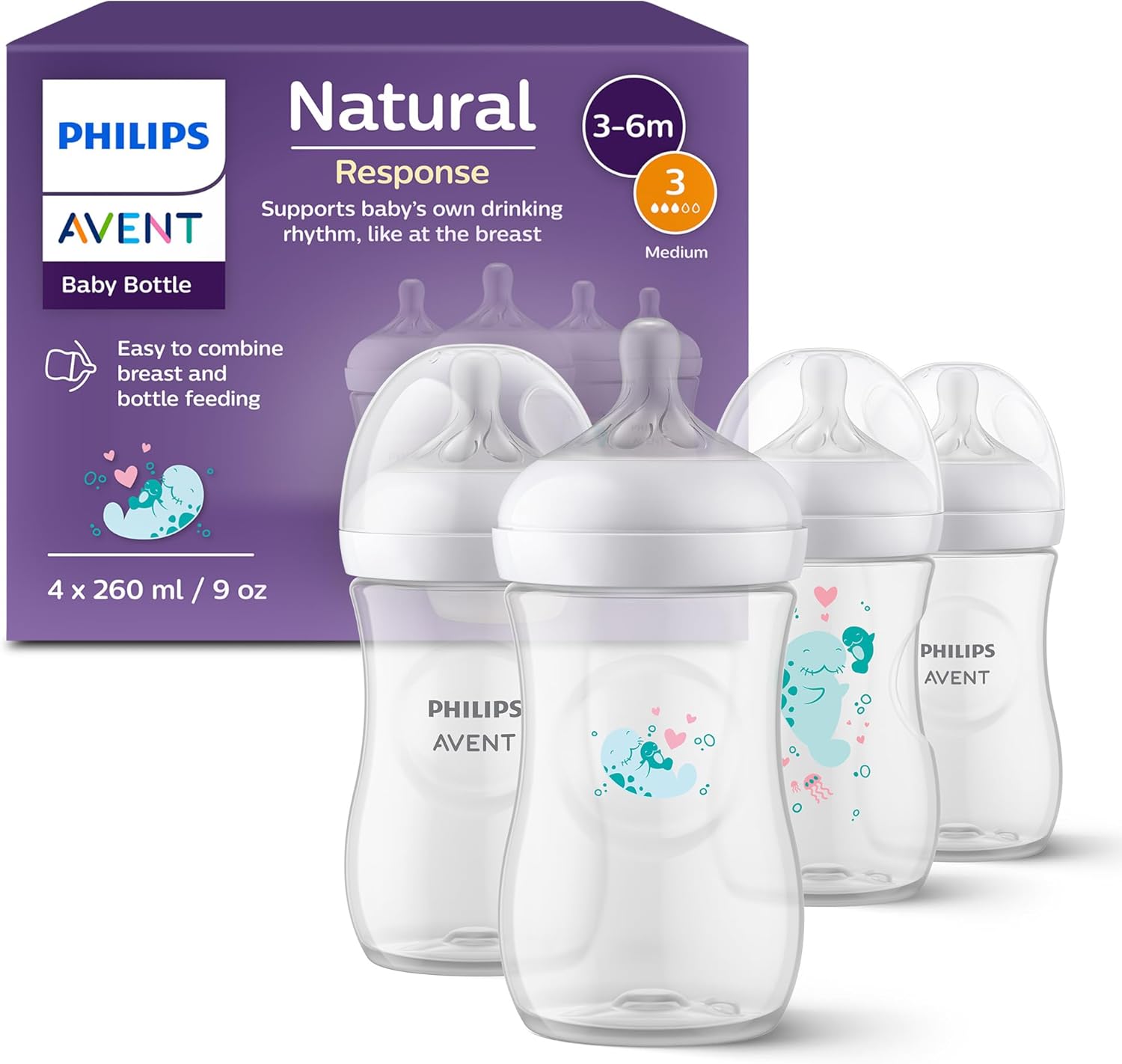 Philips Avent Natural Response Baby Gift Set, 4 Natural Response Baby Bottles 260 ml with T3 (1 m+ Teats), SCY903/61