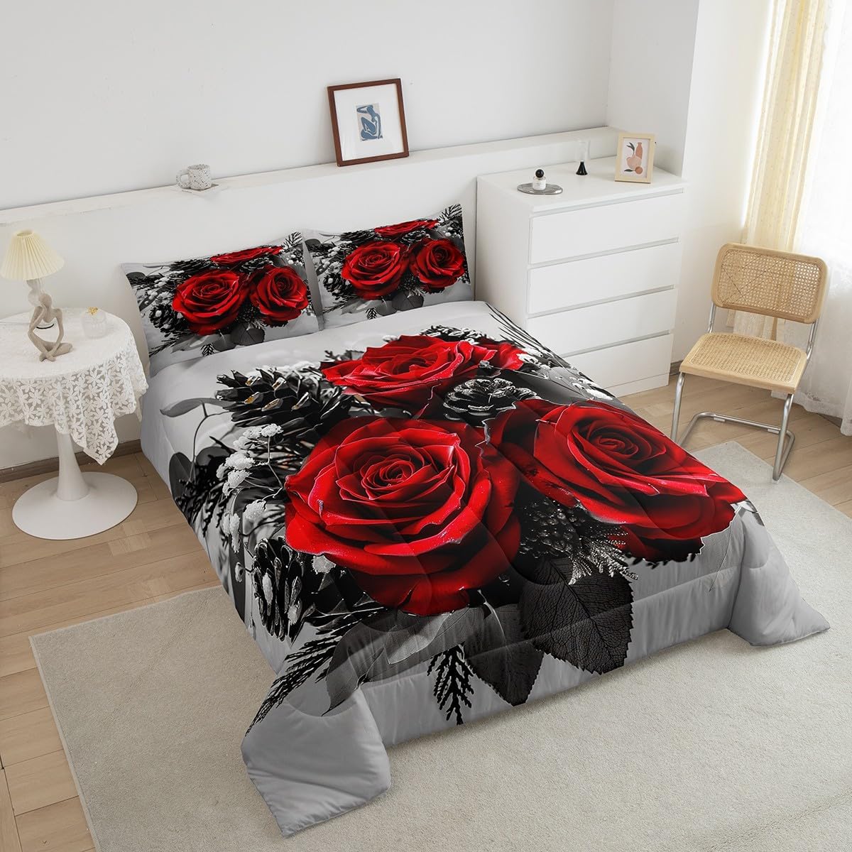 Rose Floral Bedding Set Queen Size, Romantic Red Flowers Comforter Set for Girls Women Kids Teens, Vintage Farmhouse Style Down Comforter, Valentine 3D Rose Duvet Insert Soft Warm, Red Gray Black