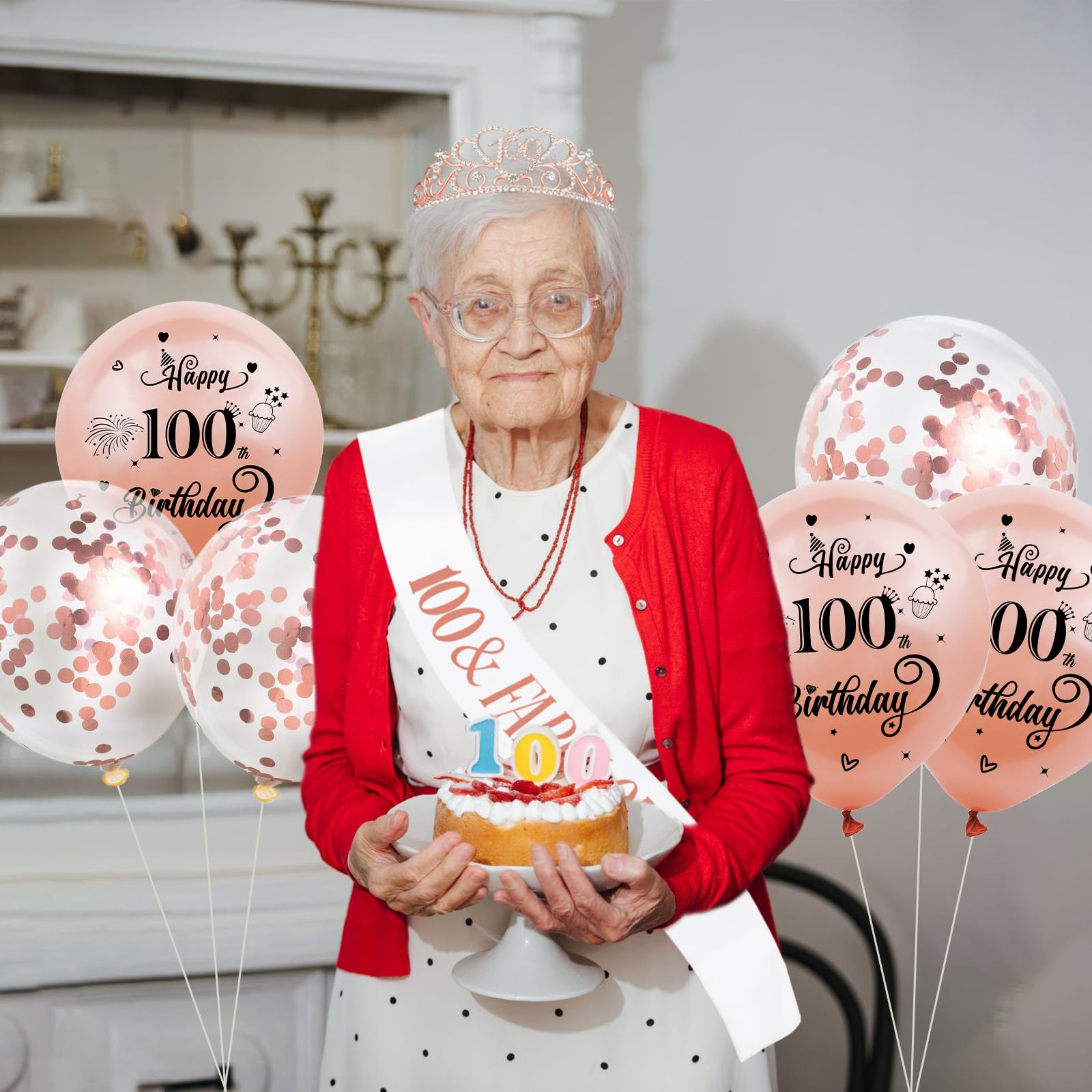 SKJIAYEE 100th Birthday Tiara and Sash Kit - 100 & FABULOUS White Sash and Rose Gold Rhinestone Crown for Women Party Supplies