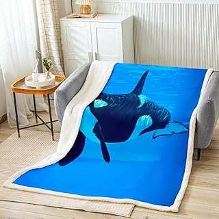 Erosebridal 3D Killer Whale Blanket, Sea Marine Theme Throw Blanket for Couch Bed, Ocean Animal Fleece Blanket Queen Size, Black Whale Fish Sherpa Blanket for Boys Girls, Blue Bedroom Decor Durable