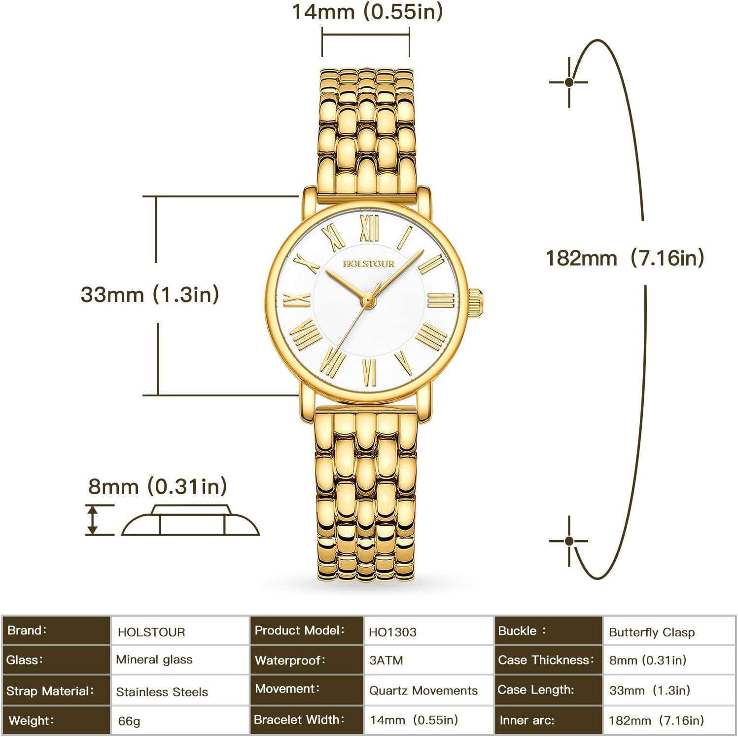 HOLSTOUR Gold Watches for Women with Vintage Round Case Roman Dial Stainless Steel Band Adjustment Tool Included Water Resistant