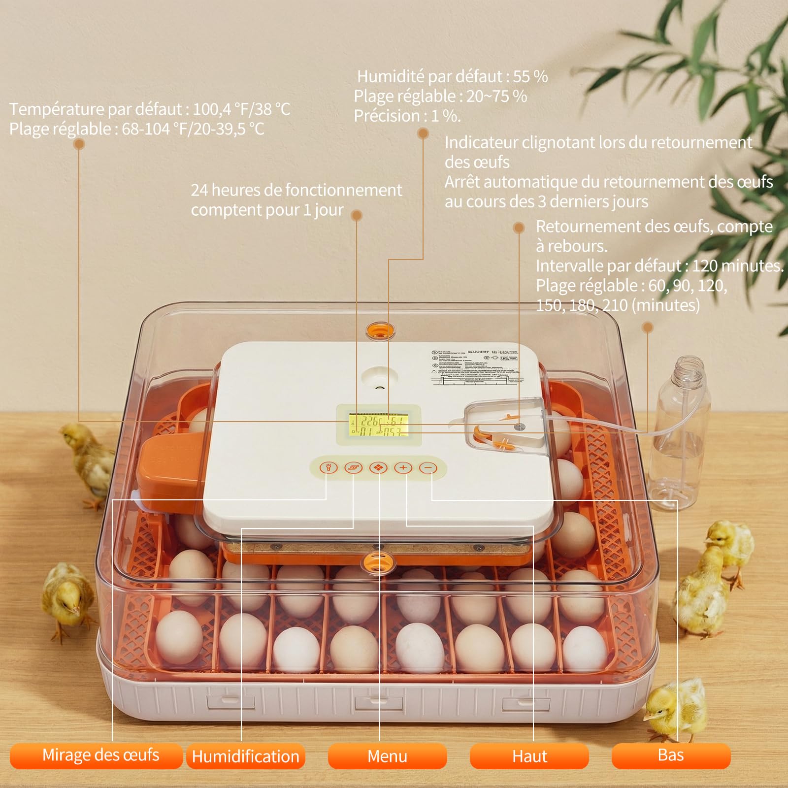 LEADZM Couveuse Oeuf Automatique 56 Oeufs | Incubateur Oeuf Automatique avec Contrôle Température, Affichage Humidité，pour Poules Canards Oies Cailles