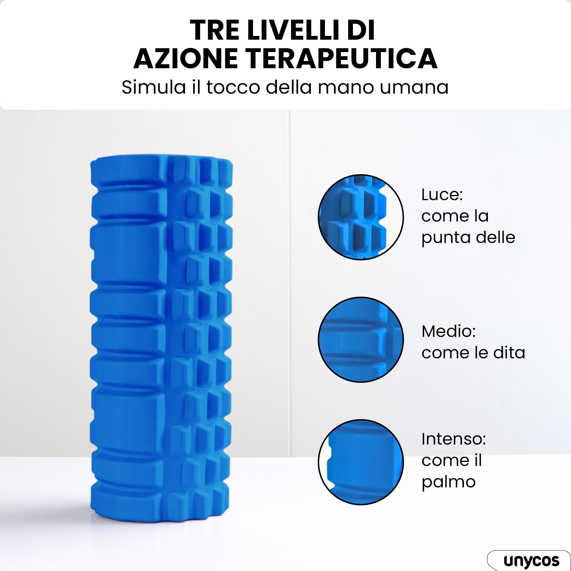 unycos - Foam Roller【Carico 130 kg】Rullo Massaggio Muscolare per Gambe, Schiena, Braccia, Trigger Point, Automassaggio, Yoga, Pilates, Physio, Fitness | Ultraleggero in EVA Dura 33x14 cm (Blu)
