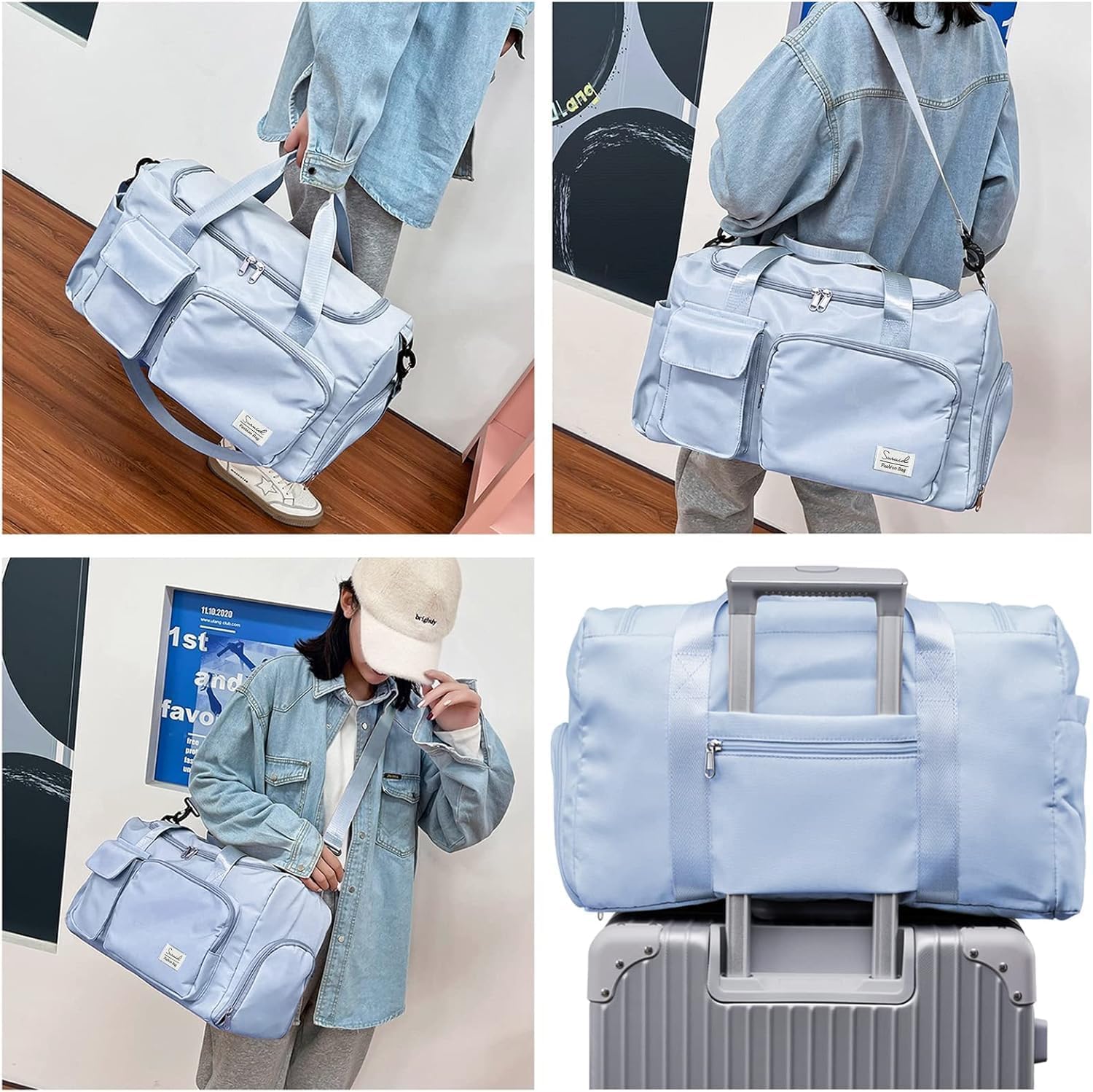 CLAPONE 41 Litre Expandable Nylon Travel Bags for Women/Duffle Bags for Women Luggage/Foldable Vanity Travelling Handbags/Waterproof Hand Bag for Ladies Personal Items, Blue-Gym Bag, Wet/Dry