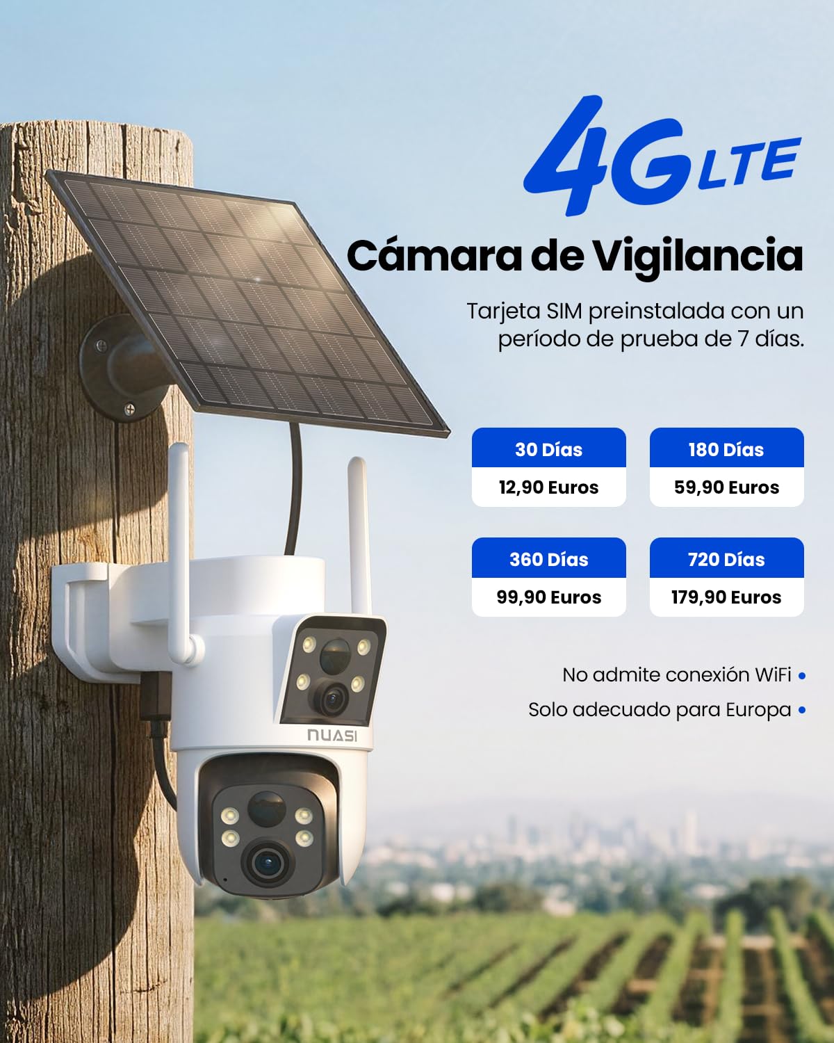 4G LTE Solar Cámara Vigilancia Exterior, Cámara de Doble Lente 2K+2K con Panel Solar, Cámara de Seguridad Exterior con AI Detección Humana PIR, Visión Nocturna a Color, Audio Bidireccional