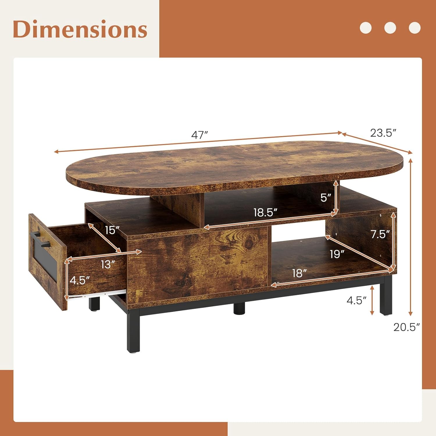 Giantex 47" Oval Coffee Table, Cocktail Accent Center Table with Storage Compartments & Drawer, Wood Small Coffee Table with 5 Support Legs, Mid Century Modern Living Room Tables, Rustic Brown