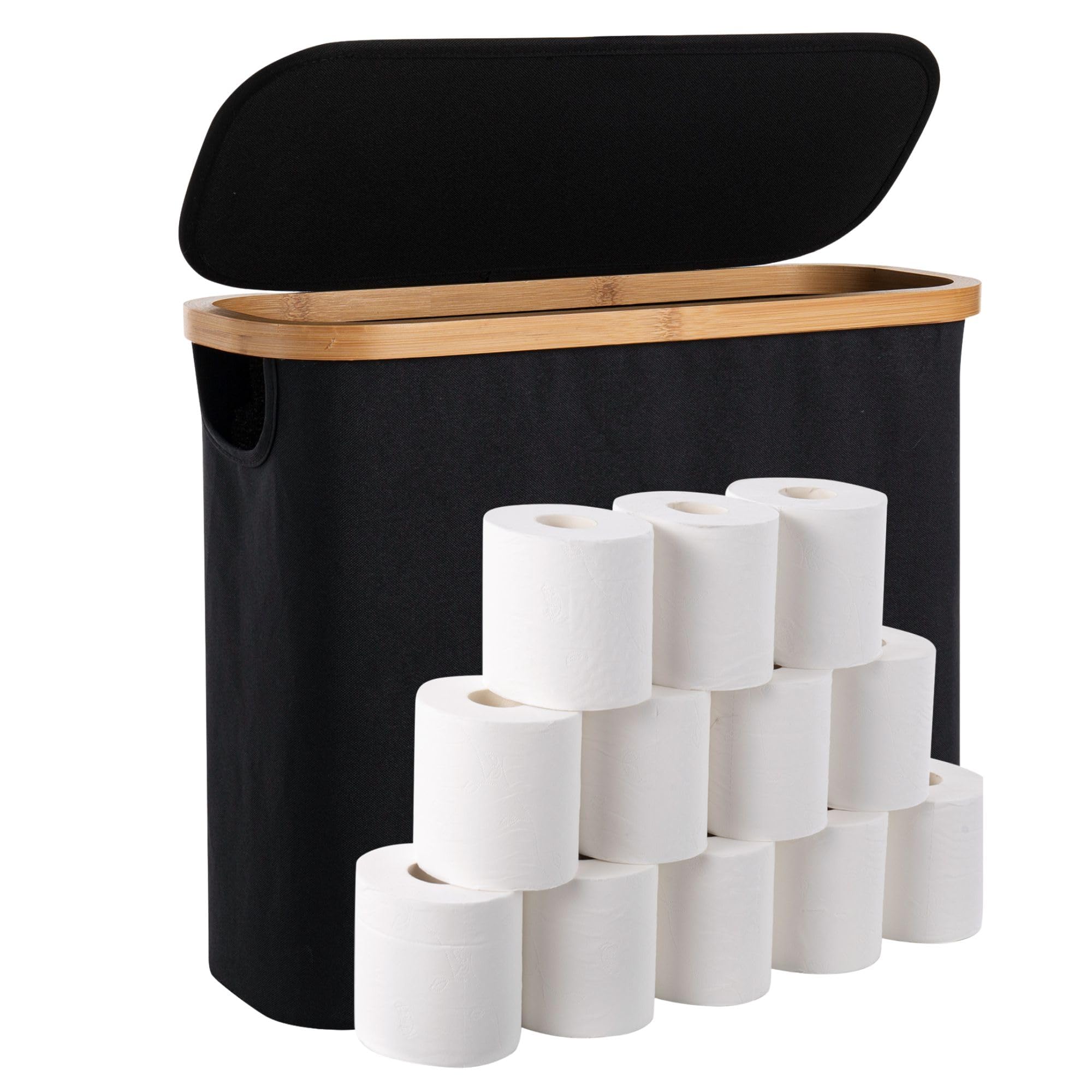 Woodluv Black Toilet Roll Paper Storage Holder, 25L Toilet Roll Storage Basket With Lid Cover, Toilet Roll Holder Storage Stand Organiser Free Standing Box Unit Organizer For Bathroom,