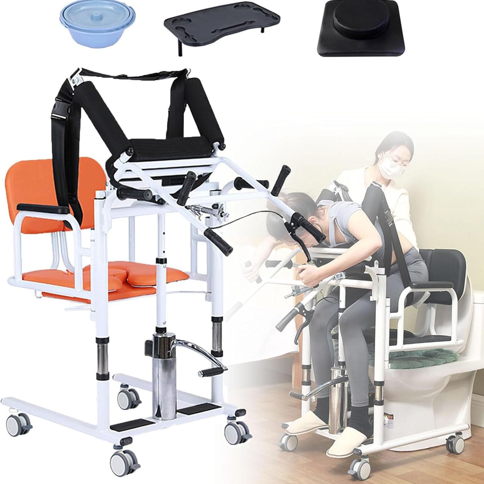 Silla de Transferencia elevadora 5 en 1 para Pacientes Ancianos y Uso doméstico, portátil, con reposapiés de Altura Ajustable, Elevador hidráulico, abatible 180°, soporta hasta 200 kg Orange