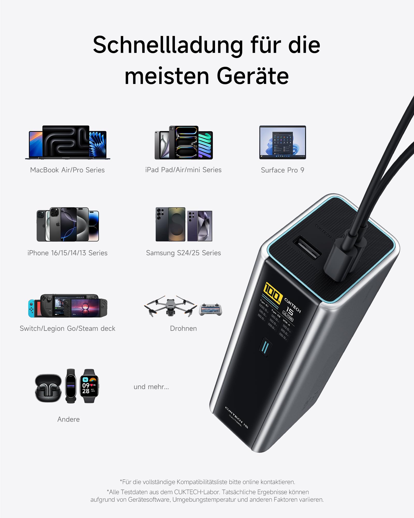 CUKTECH 15 Ultra Powerbank 20000mAh (4S2P) 165W Externer Akku mit 3 Anschlüsse, PD 3.1 Laptop Power Bank mit Digitales Display, Kompatibel mit iPhone 16/15, MacBook Pro, Samsung und mehr