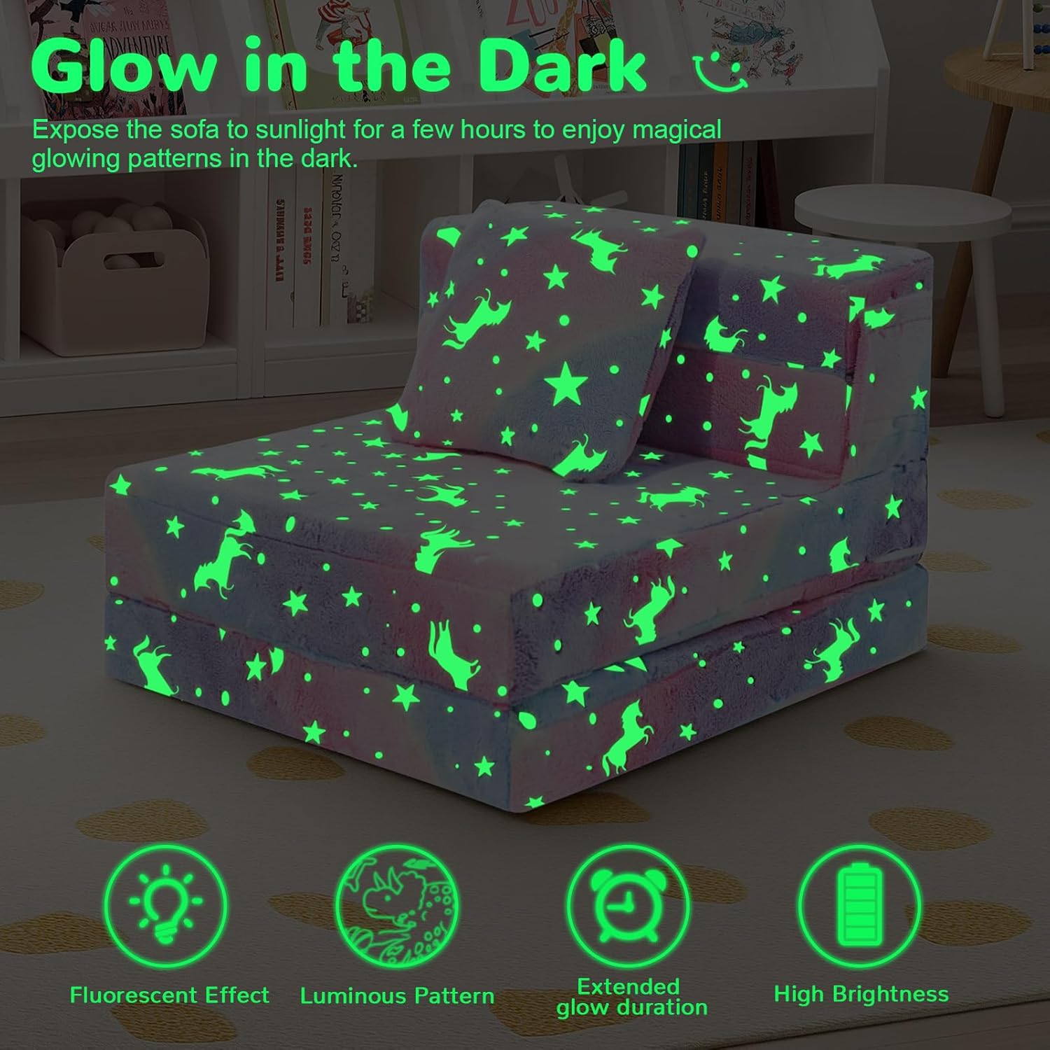 MeMoreCool Glow Rainbow Unicorn Tri-fold Sofa Bed for Kids, Foldable Futon Mattress, Chair, and Floor Couch for Playroom