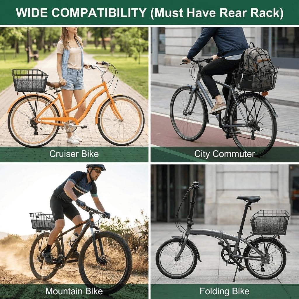 ANZOME Rear Bike Basket, Waterproof Metal Wire Bicycle Basket with Adjustable Cargo Net and Waterproof Rainproof Cover Fits to Most Rear Bike Racks