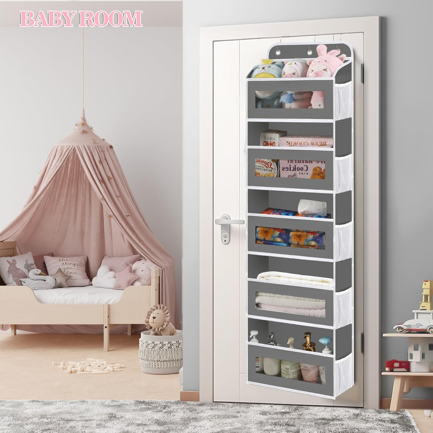Over The Door Organizer, 5 Shelves Closet Door Hanging Storage and Organizer with 10 Mesh Pockets, Nursery Closet Organizer, Baby Essentials, Stuffed Animal Storage - Image 5