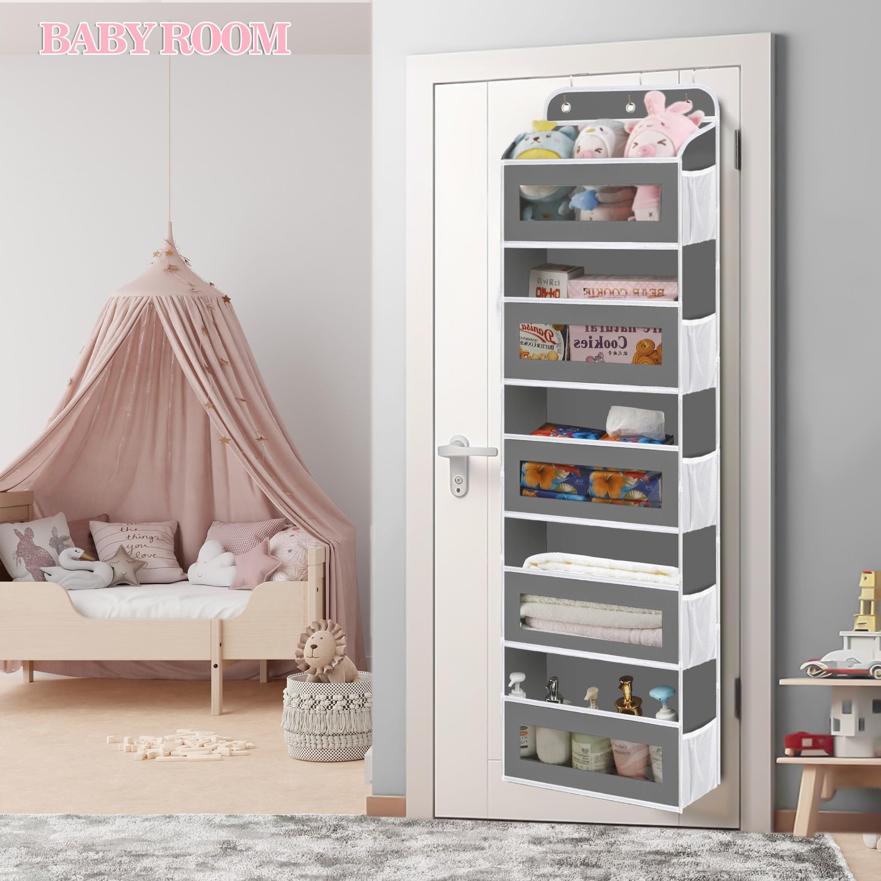 KYEVIS Lot de 2 organiseurs suspendus pour porte avec 5 compartiments, fenêtre transparente, organiseur de porte pliable pour salle de bain, chambre à coucher, cuisine, dortoir (gris foncé, 2 pièces)