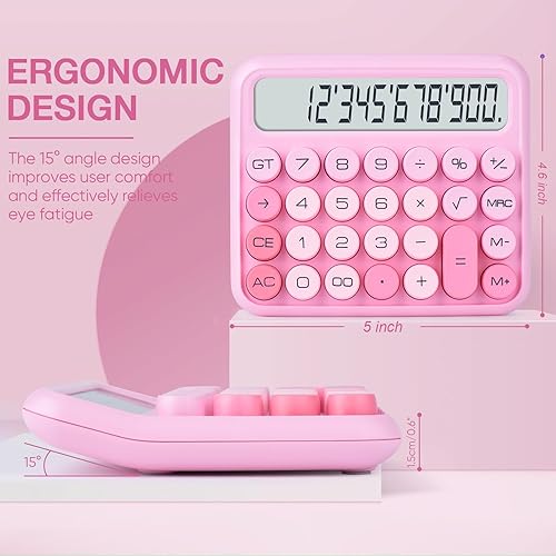 Miniatura 2 de Interruptor mecánico calculadora rosa de 12 dígitos - Pantalla LCD grande, botones grandes, escritorio, lindo, para uso diario