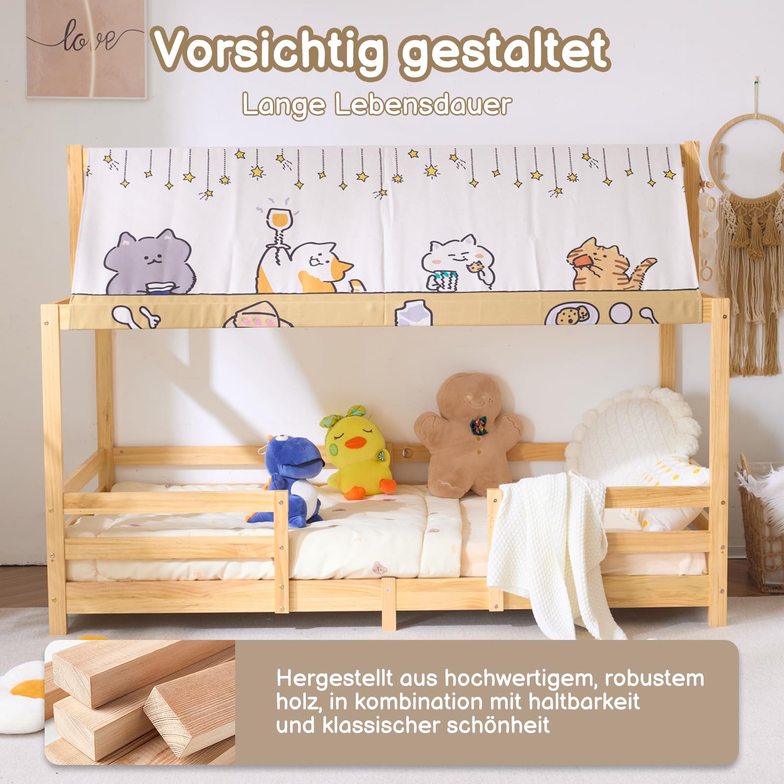 LEADZM Kinderbett Bodenbett 90x200 cm, Kinder Bett Mit Stoffhimmel | Kinderbetten inkl. Rausfallschutz & Lattenrost, Bodenbett Kinder bis 200 kg (90x200 cm，Natur)