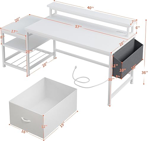 Miniatura 3 de EnHomee Escritorio de oficina de 57 pulgadas con cajones y espacio para impresora, escritorio de computadora con tomas de corriente, escritorios de