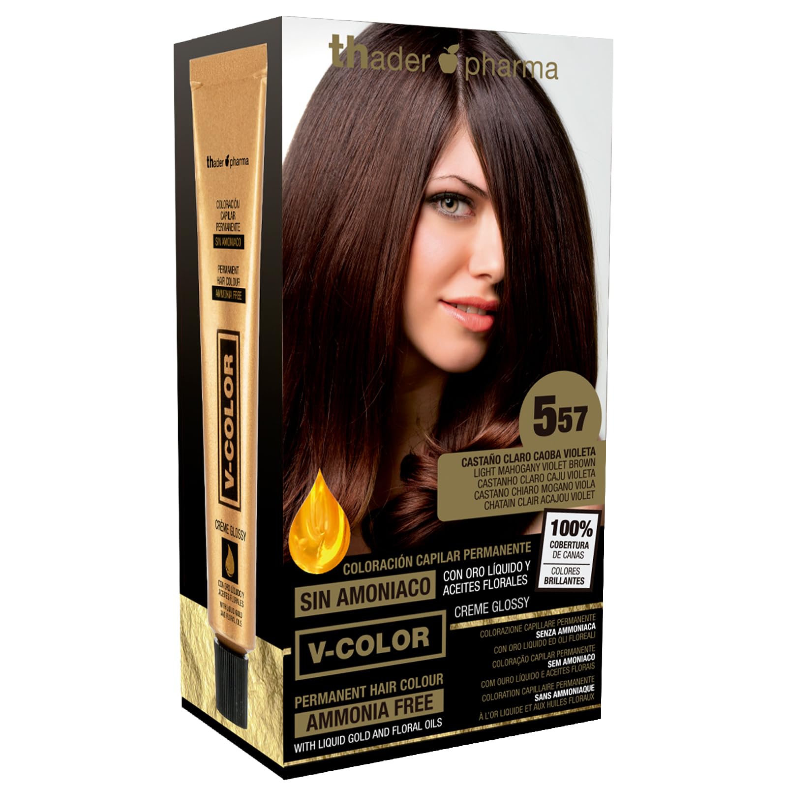 Thader Th Pharma V-Color Ammonia-Free Permanent Dye Kit with 100% Liquid Gold Gray Coverage, 120 ml (No. 5.57 Light Brown Mahogany Violet)