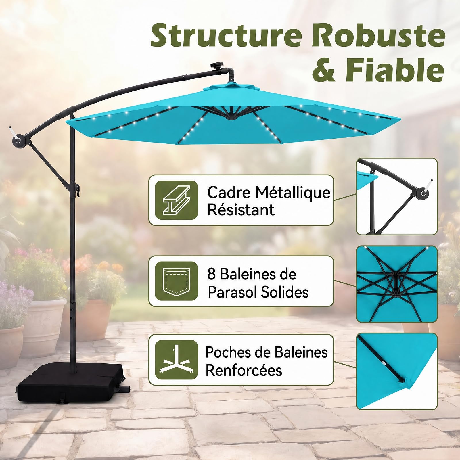 RELAX4LIFE Parasol Déporté 3x3M LED Solaire Inclinable (bleu turquoise)