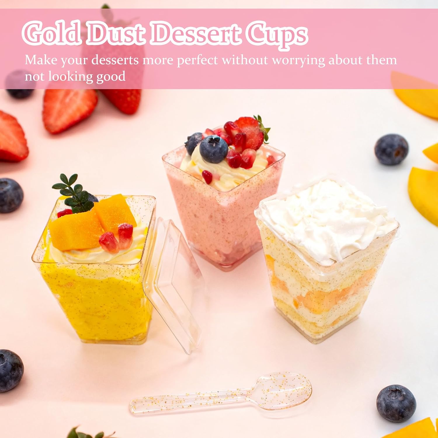 180 Pack Gold Glitter Dessert Cups with Lids and Spoons 5Oz Plastic Square Yogurt Parfait Appetier Cups for Party Disposable Small Dessert Shooter for Ice Cream,Fruit and Pudding - Image 3