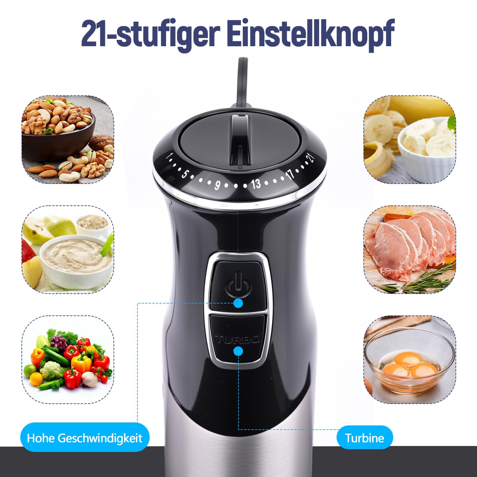 5 in 1 Frullatore a Immersione Multifunzione, 1000 W, 21 marce, con Tritatutto da 800 ml e Misurino da 600 ml, Frusta, Bastone per la schiuma di latte, frullatore, senza BPA