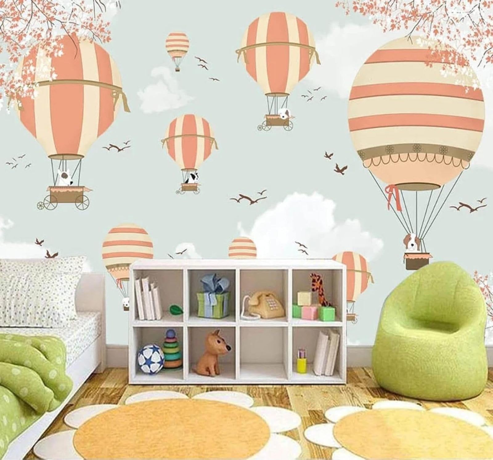 XLMING Cartoon Hot Air Balloon Clouds Birds Animals 3D Wallpaper Premium Textured Silk Study Dining Living Room Bedroom Sofa TV Wall Easy Install-430cm×300cm