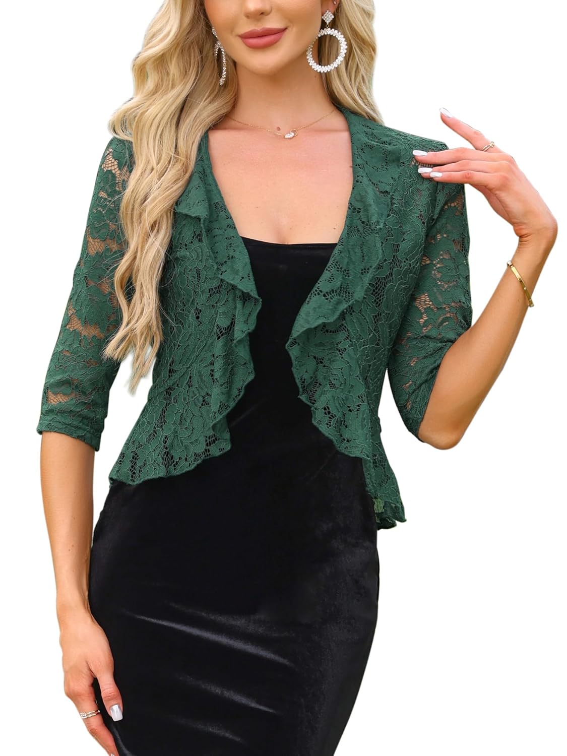 Allegra K Lace Shrug for Women Ruffle Cardigan Open Front Half Sleeve Bolero Sheer Dressy Elegant Shrugs Top