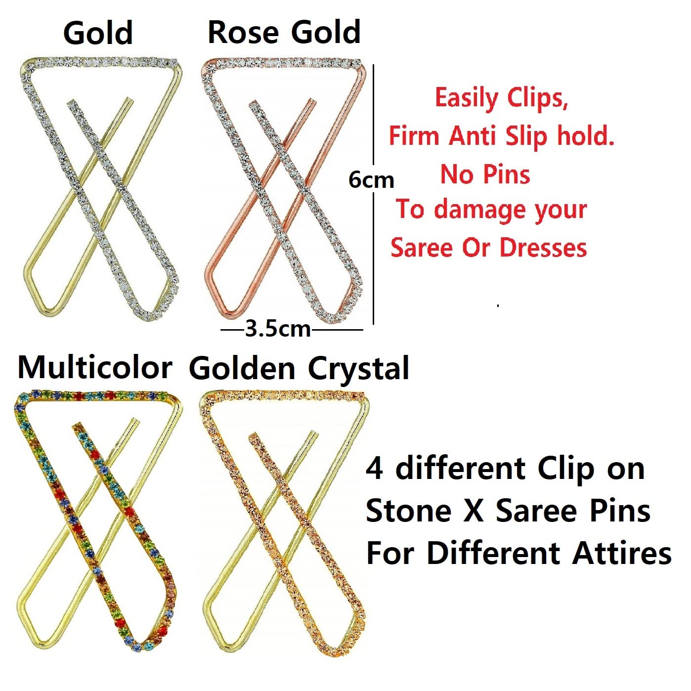 VAMA Golden Colour Rhinestone Brooch clip on Indian X Saree Pins, Combo Set Safety Pin for Women's Costume Accessory Decoration