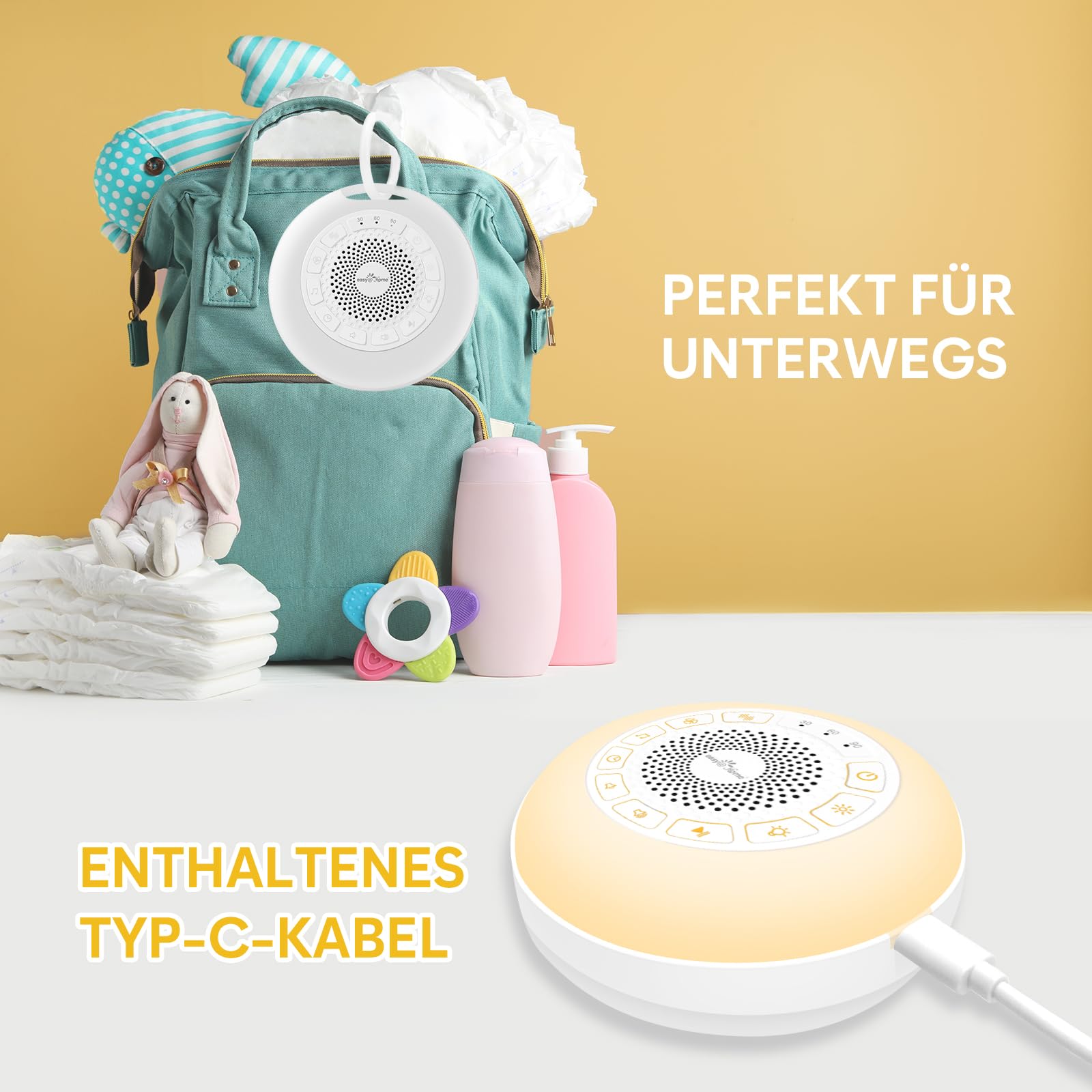 Easy@Home White Noise Machine: Tragbare Einschlafhilfe Babys mit weißem Rauschen | Nachtlicht | 26 Beruhigende Schlaflieder & Naturgeräusche | 3 Timer-Einstellungen | 7 Bunte Beleuchtung & USB