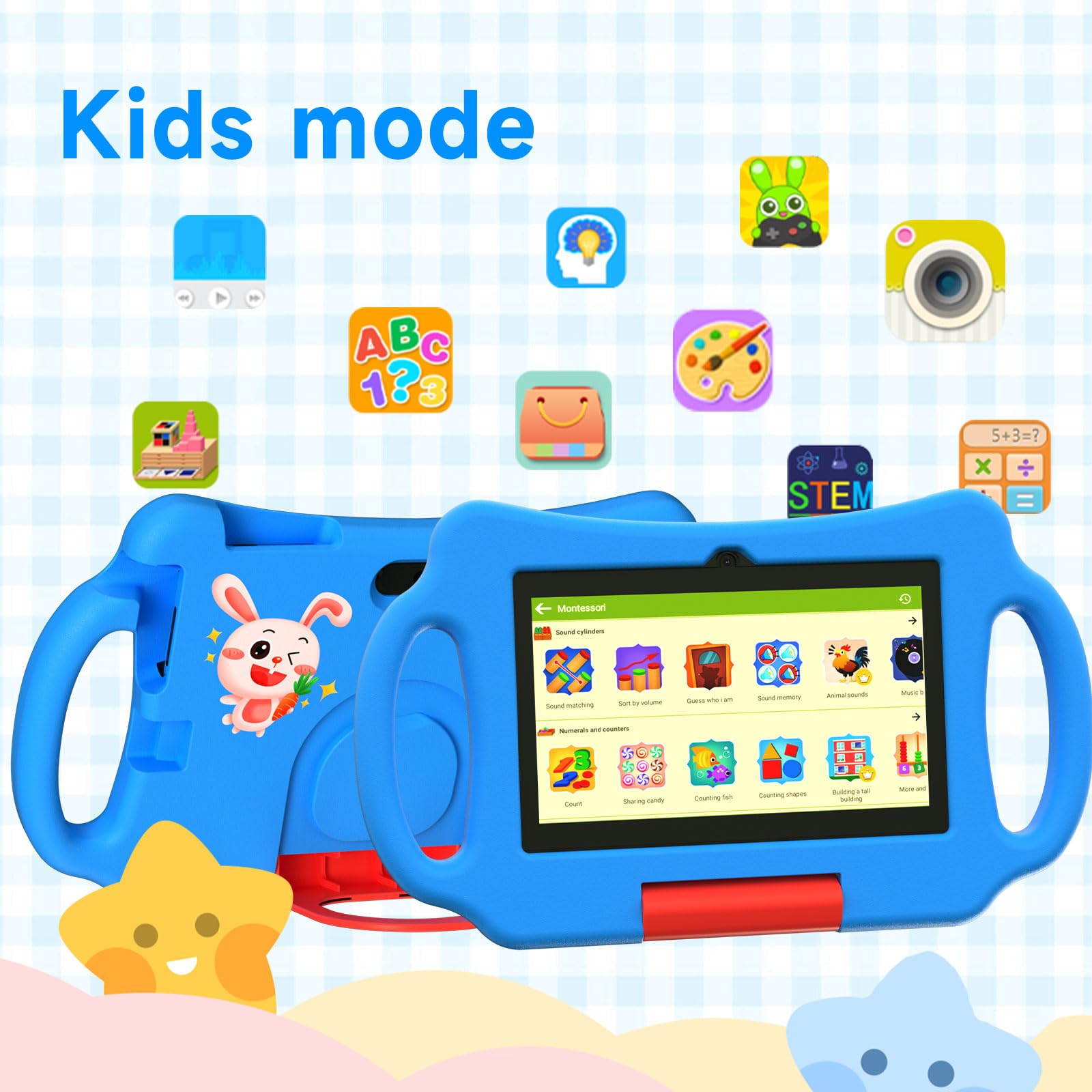 Vyrolina Tablet PC per bambini da 7 pollici Android 12.0 per bambini, 4 GB di RAM 32 GB ROM Bluetooth IPS Schermo Parental Control Iwawa APP Custodia antiurto per giochi educativi (blu)