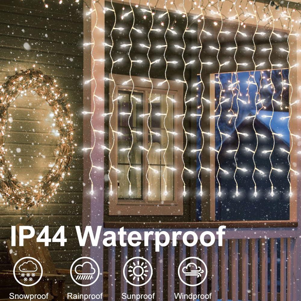 GCMacau Tenda Luminosa, 3Mx3M 300 LED Tenda Luci a Batteria, Tenda Luminosa Natale Esterno Interno con 10 Ganci, 8 Modalità Telecomando e Timer, Luci Fatate per Natale Matrimonio Valentino Festa