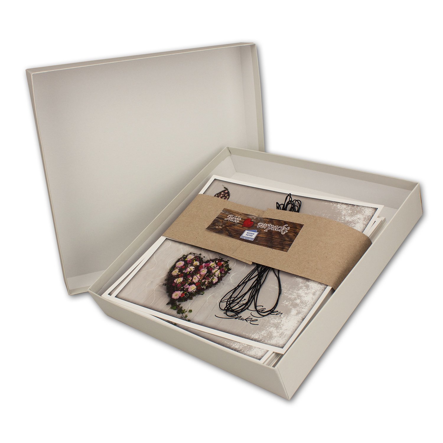 75x Trauerkarte mit Umschlag Set Danksagung - Blumen-Herz - inklusive hochwertiger Box- DIN Lang Quer-Format - Danksagungskarten Trauerkarten nach Beerdigung - Trauer-Papiere by GUSTAV NEUSER