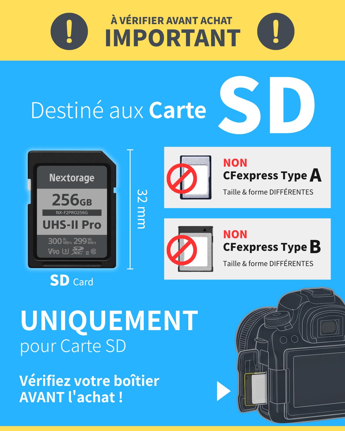 Nextorage Carte SD 256Go, SDXC UHS-II 256GB, SD Card mémoire Japonaise, Accessoires Photo et caméscopes pour appareils Photo Nikon/Canon/Sony/Fujifilm/Nintendo Switch, F2PRO NX-F2PRO256G