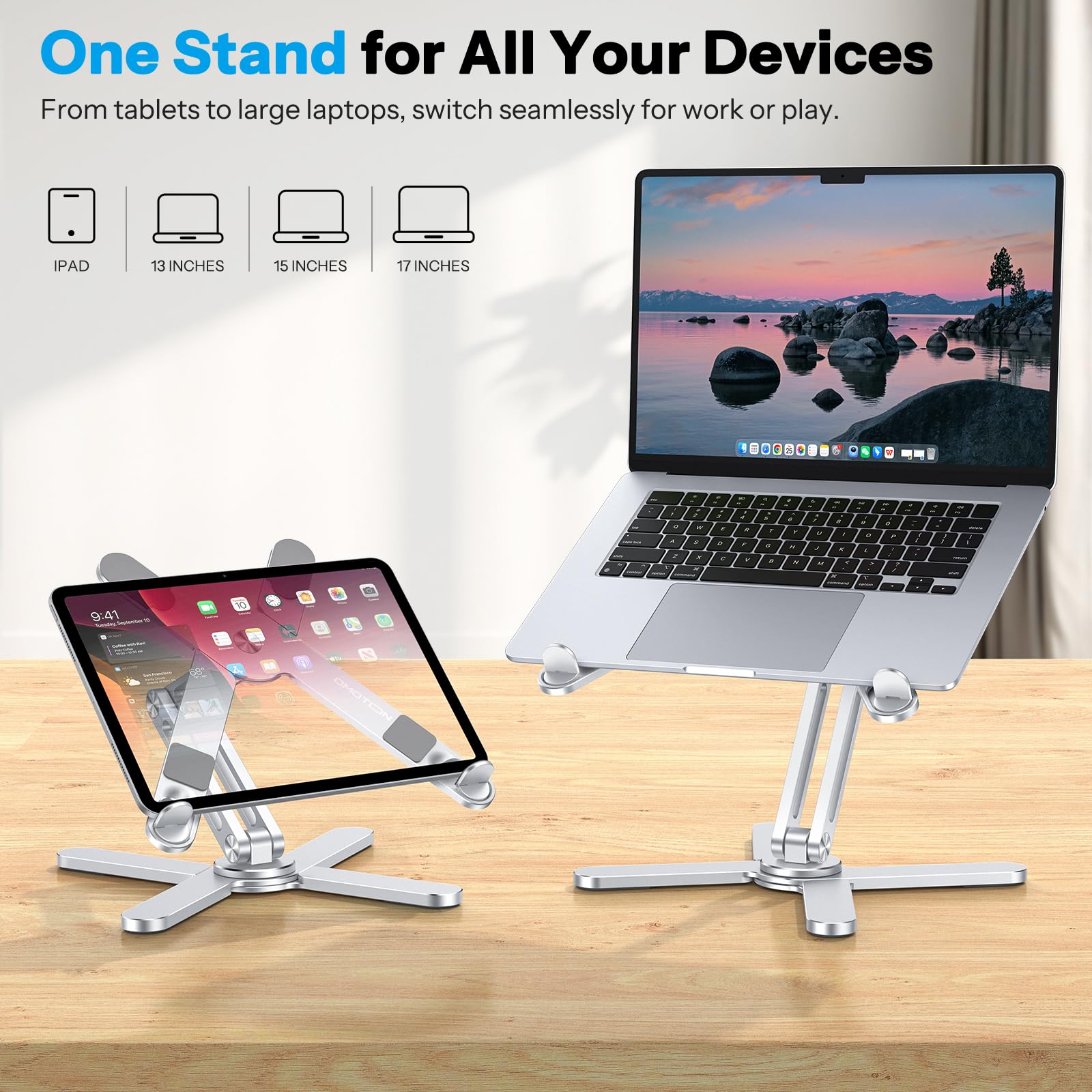 OMOTON Obrotowy stojak na laptopa 360 na biurko, ergonomiczny składany stojak na komputer, regulowana wysokość, do wspólnej pracy, łatwe przechowywanie, pasuje do MacBooków, wszystkich laptopów o