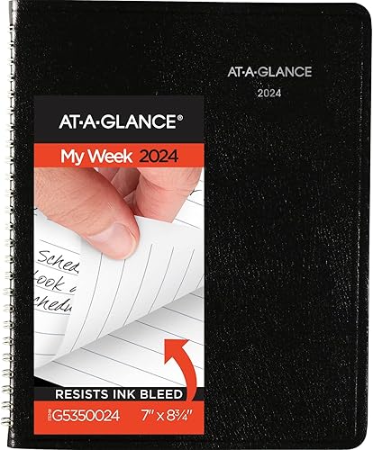 AT-A-GLANCE Agenda semanal 2024, DayMinder, estilo bloque, 7 x 8-3/4 pulgadas, mediano, piel sintética, color negro (G5350024)