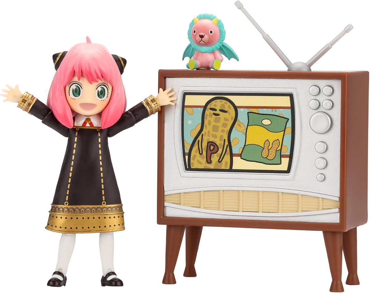 Total Anime Anya Forger - Figura a escala de 6,5 pulgadas con placas frontales intercambiables, manos alternativas, osito de peluche y televisor
