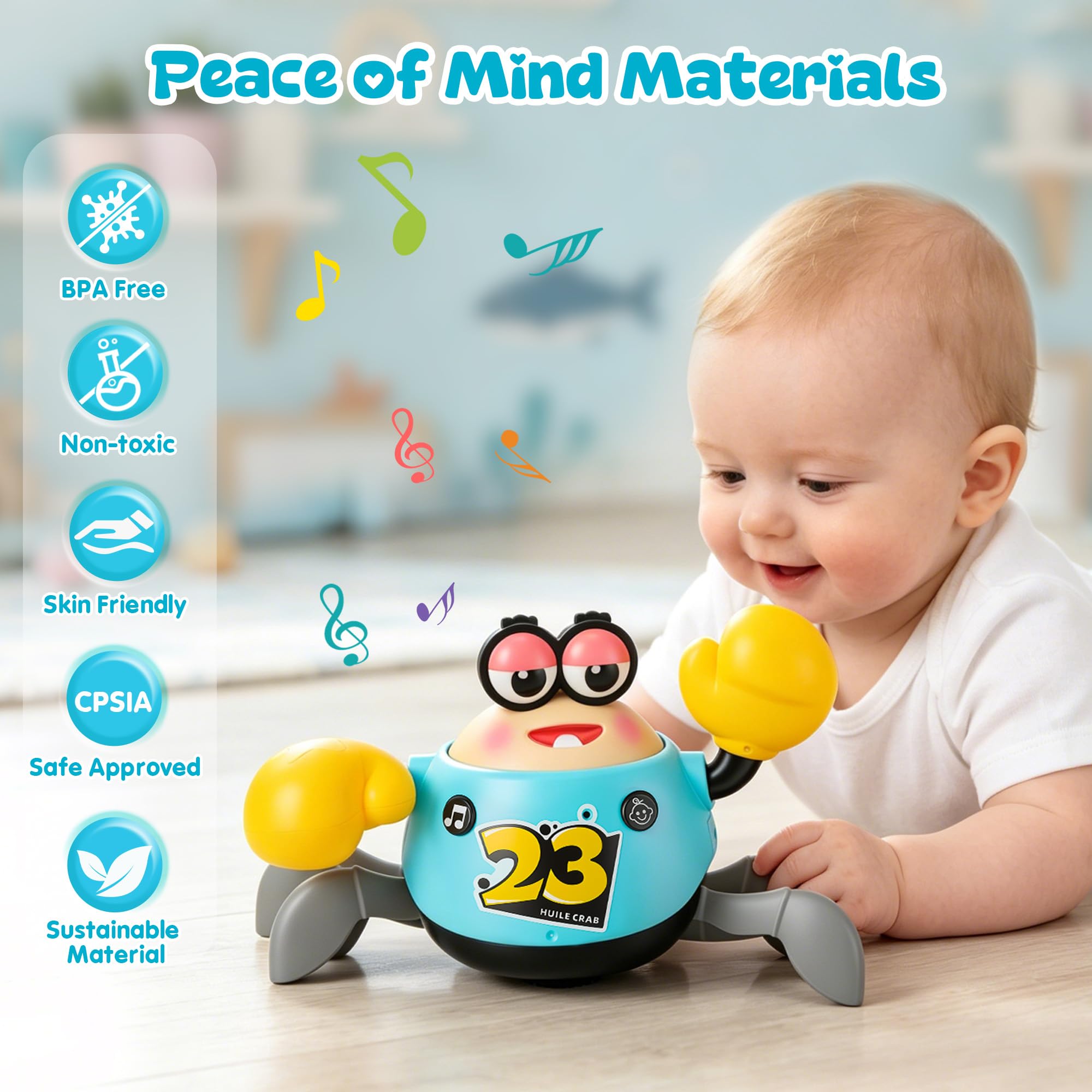 Krabbelspielzeug Baby 6-12 Monate – Tanzende Krabbe mit Musik und Licht | MONKRY Interaktives Krabbel Spielzeug mit Automatischer Hindernisvermeidung, Tummy Time Toy Geschenk für Jungen und Mädchen