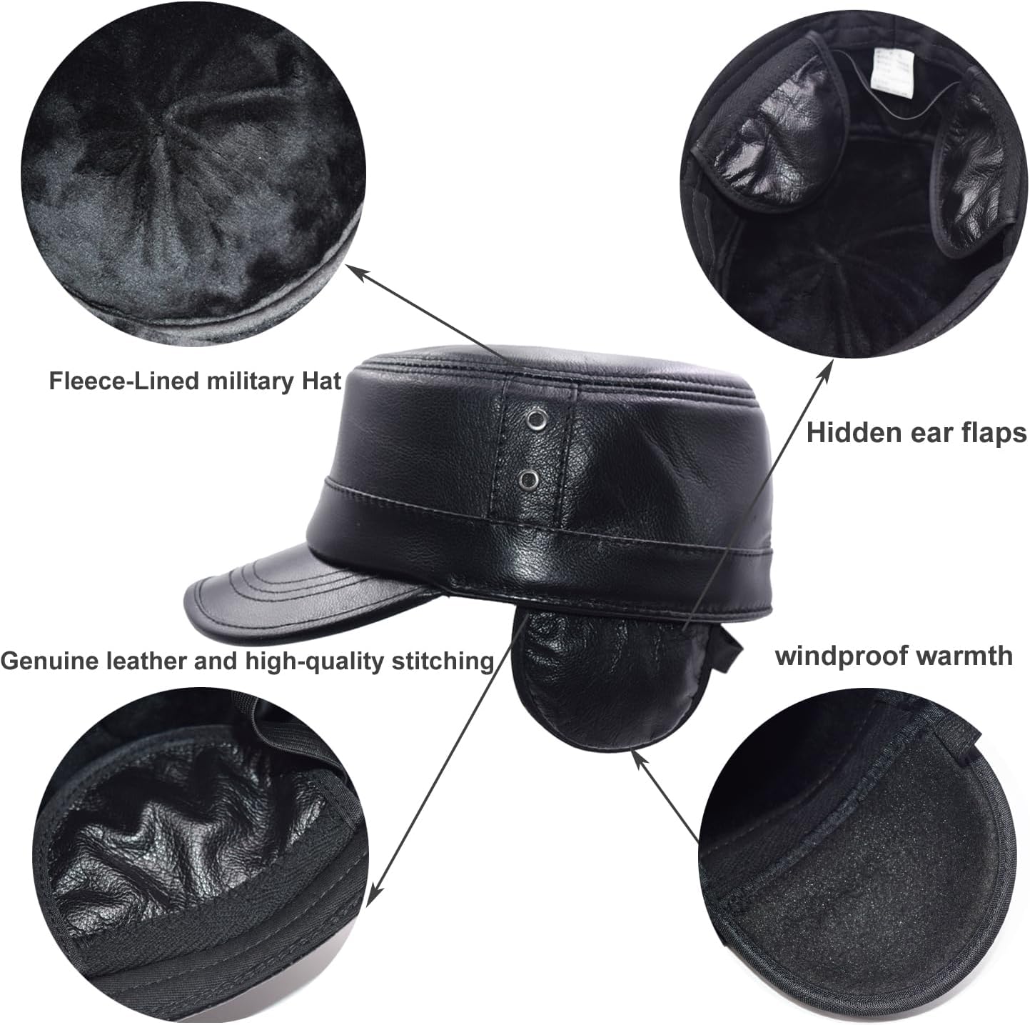 Men's Leather Military Style Cap Cadet Hat Earflap Baseball Cap - Image 2
