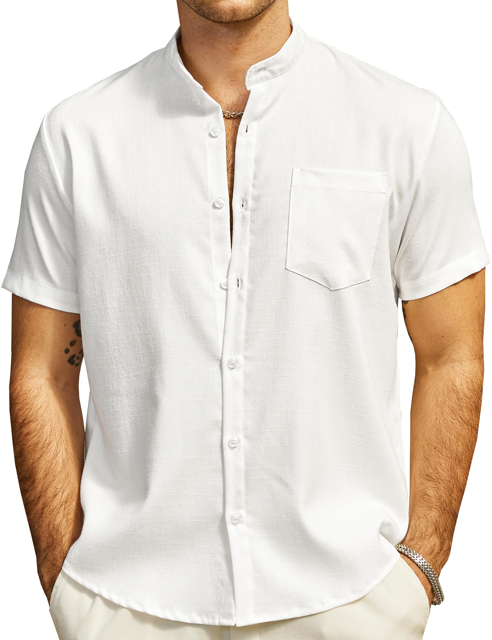 JOGAL Camisa de lino de manga corta para hombre, corte regular, camisa de verano con botones, camisa informal