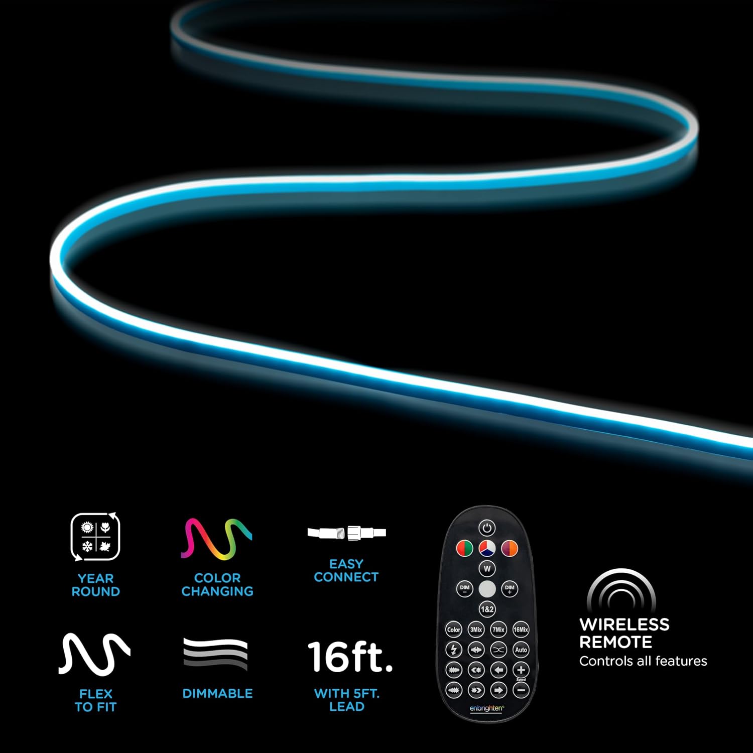 Enbrighten Neon Rope Light, 16ft RGB Flexible LED Rope Light, Color Changing, Fully Customizable Color, Dimmable, Indoor Gaming and Streaming, Outdoor Landscape, Remote Control, 79730