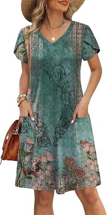 OFEEFAN Womens Summer Dresses 2026 Tulip Petal Short Sleeve V Neck Loose Swing Sundresses with Pockets Plain/Print