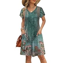 OFEEFAN Womens Summer Dresses 2026 Tulip Petal Short Sleeve V Neck Loose Swing Sundresses with Pockets Plain/Print