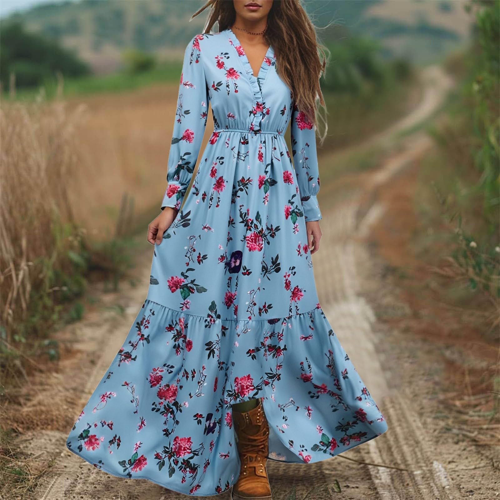 Robe Longue Femme À Fleurs, Robe Manche Longue Femme Sexy Col en V Retro Décontractée Traditionelle Coupe Ample Fluide Confortable Costume Festival Vêtements Party Déguisement Quotidien