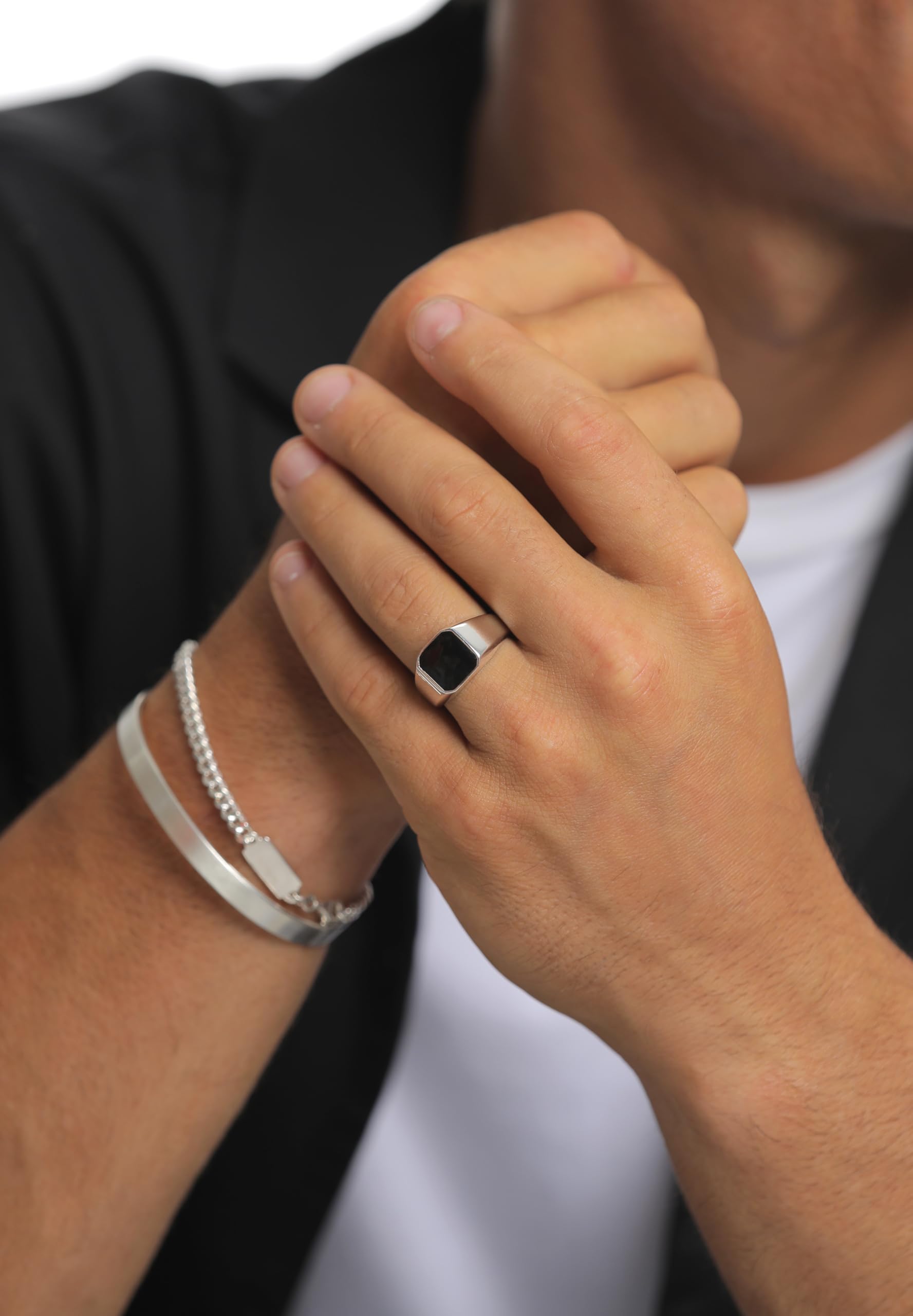 Kuzzoi Anillo de sello para hombre octágono con esmalte negro en plata de ley 925 maciza, 10 mm de ancho, anillo clásico de plata para hombre pulido en tamaño 60 – 66, 0610882720