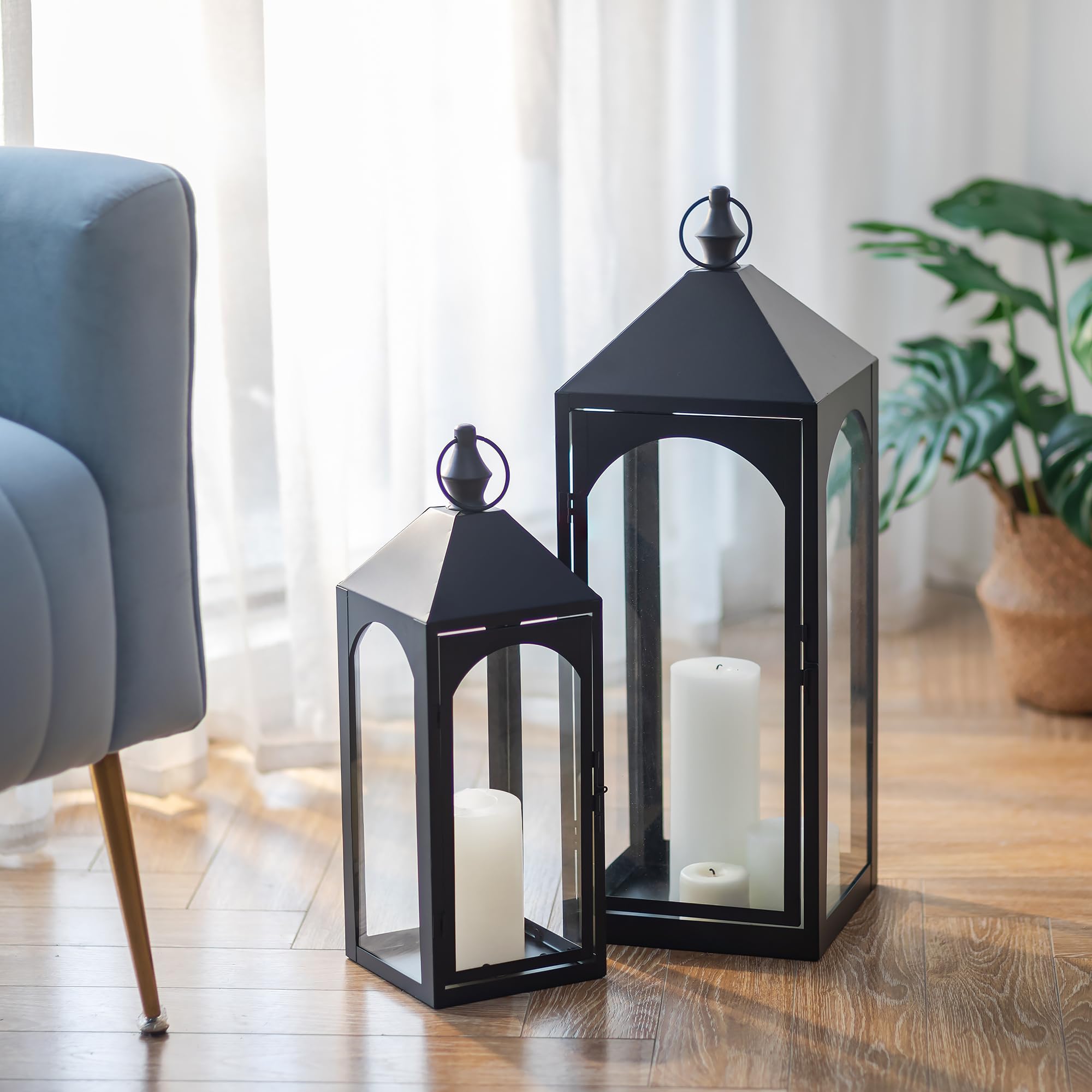 Lot de 2 lanternes d'extérieur résistantes aux intempéries pour balcon, jardin, noir, XXL