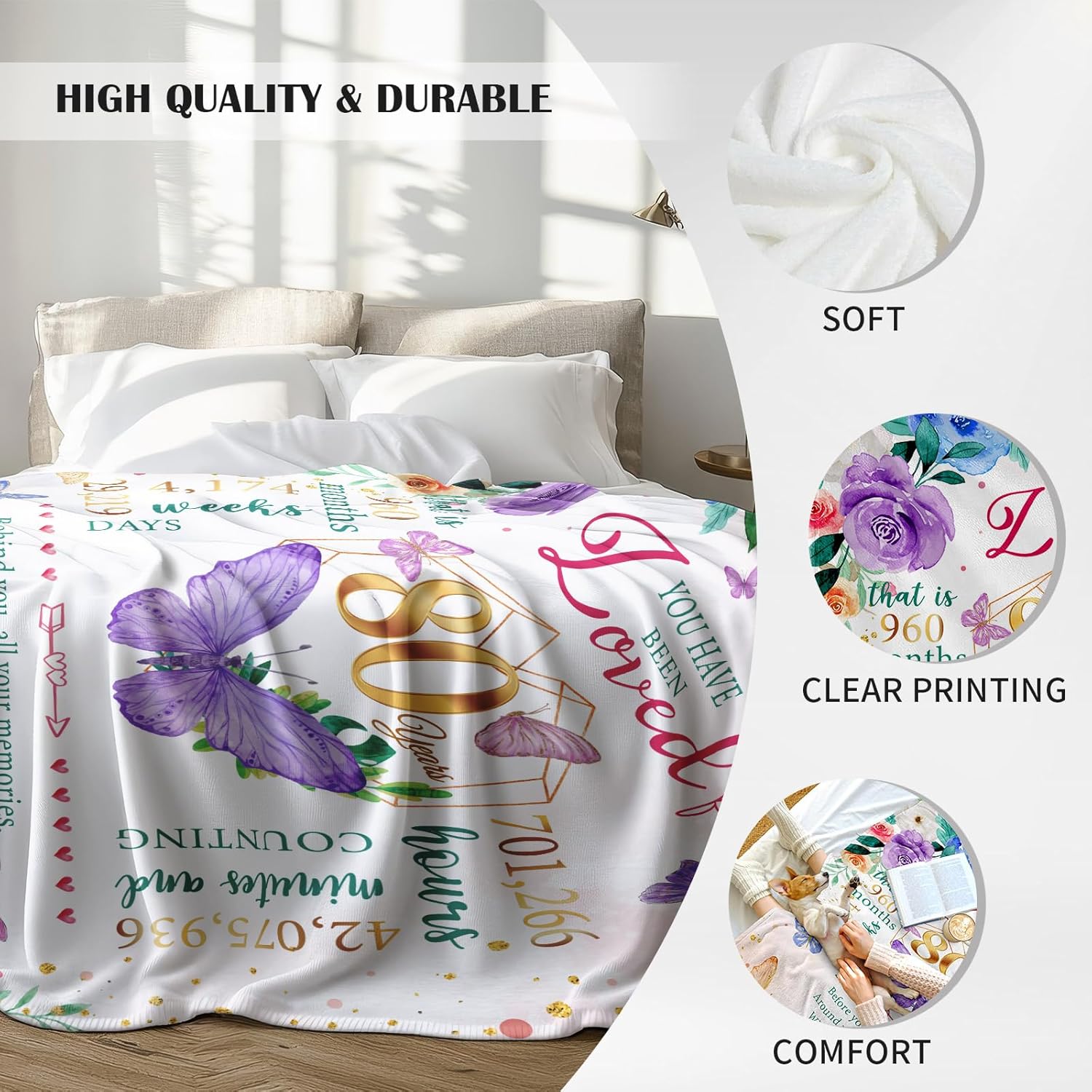 ZWERIVP 80th Birthday Gifts for Women, Best Present for 80 Year Old Woman Birthday, 1946 Present for Women Mom, Happy 80yr Bday Gifts Ideas, 80th Woman Bday Decorations Throw Blanket 50"X60" - Image 5